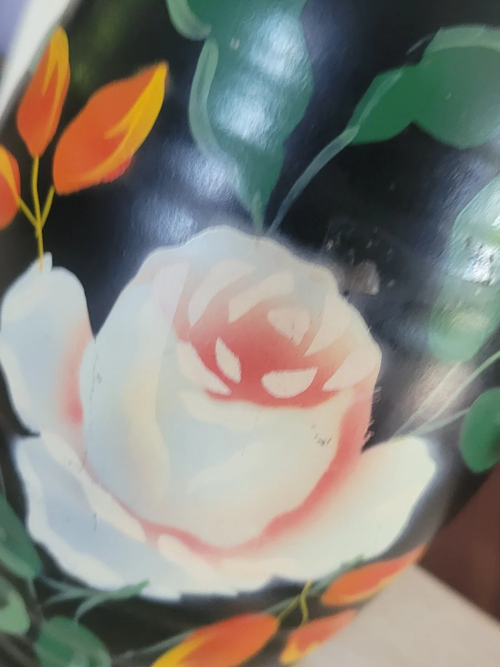 Vintage Black Floral Ceramic Vase with White Rose and Orange Buds